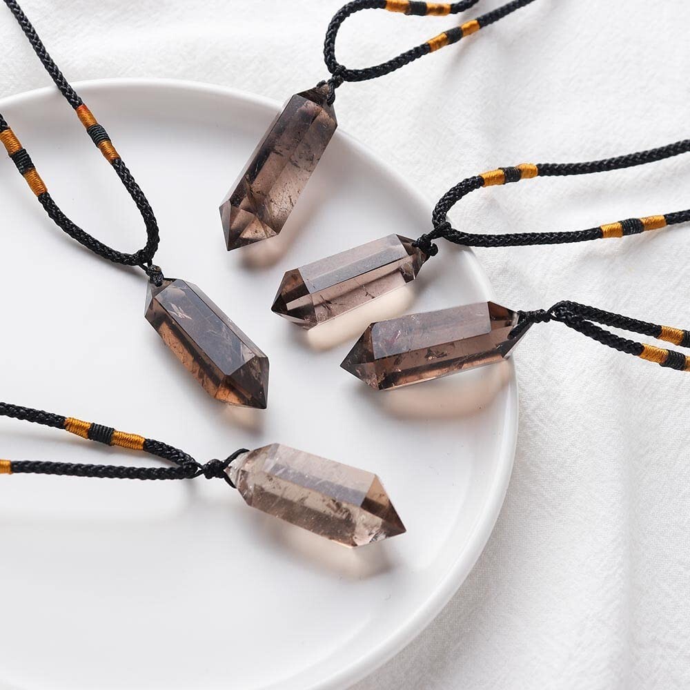 Natural Smoky Quartz Hexagon Pendant Healing Balance Amulet Unisex Necklace