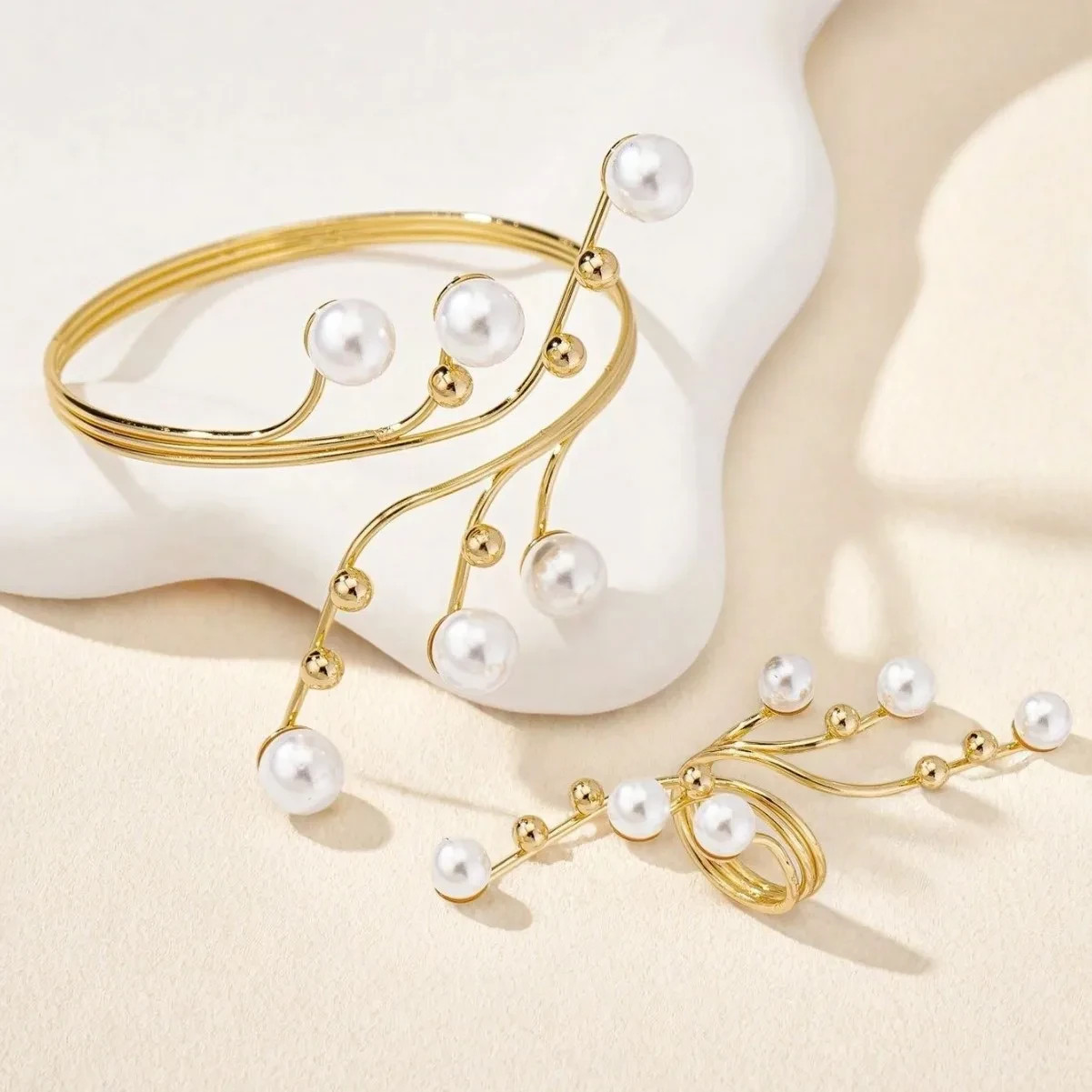 Geometric Imitation Pearl Ring Bracelet Set for Women Girls Fashion Jewelry
