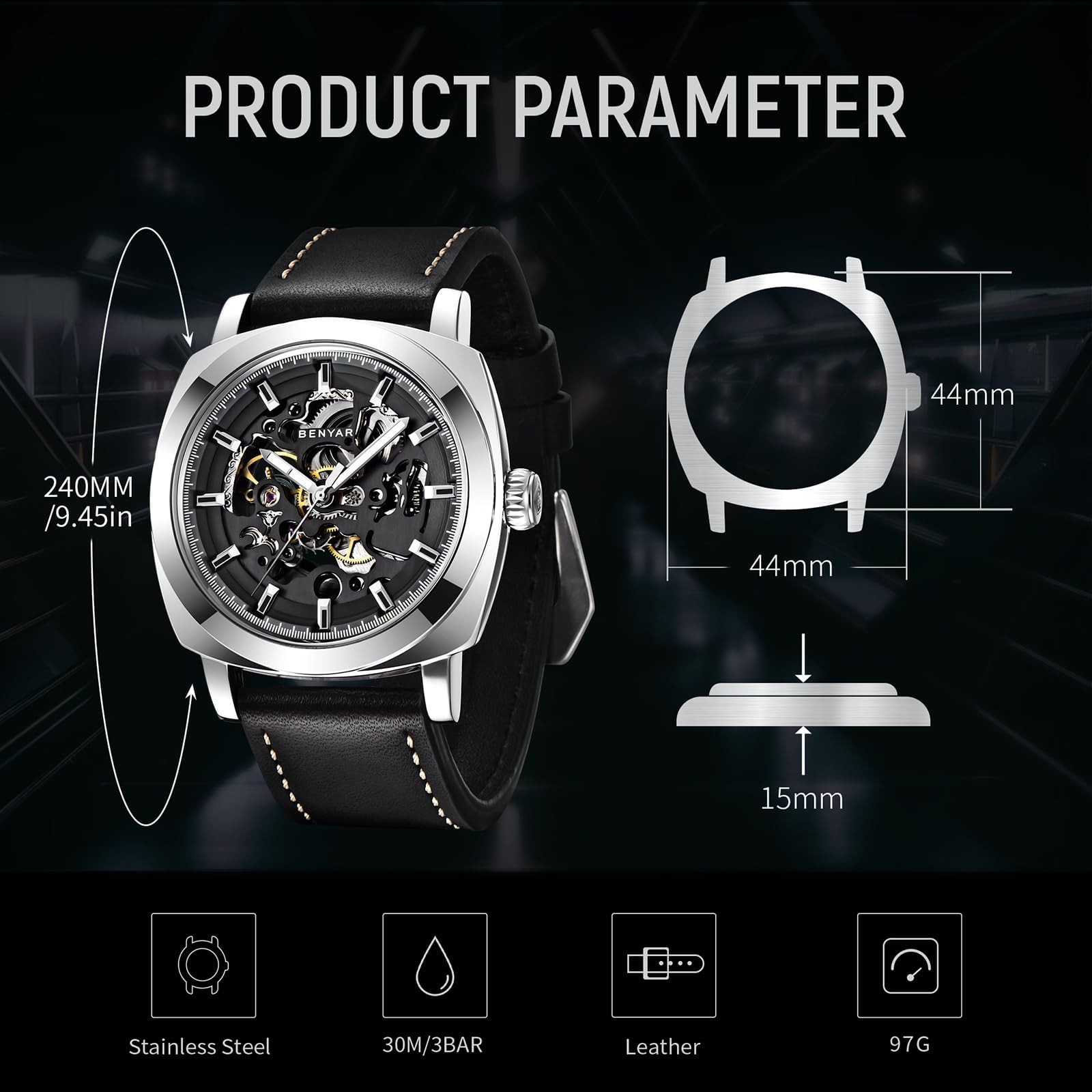 Automatic Watches for Men | Skeleton Mechanical Leather Strap Mens Watch | 45…