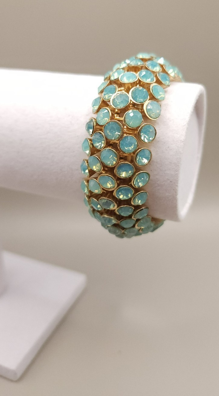 Chunky Aqua Blue Rhinestone Multi Row Stretch Bracelet Gold Tone Statement 3.1oz