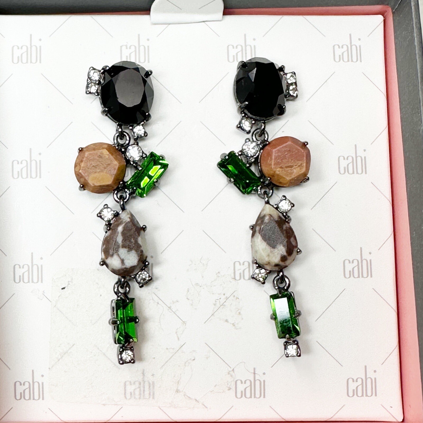 Cabi Rockstar Gemstone Crystal Dangle Earrings Dust Bag Paperwork Box New w/Box