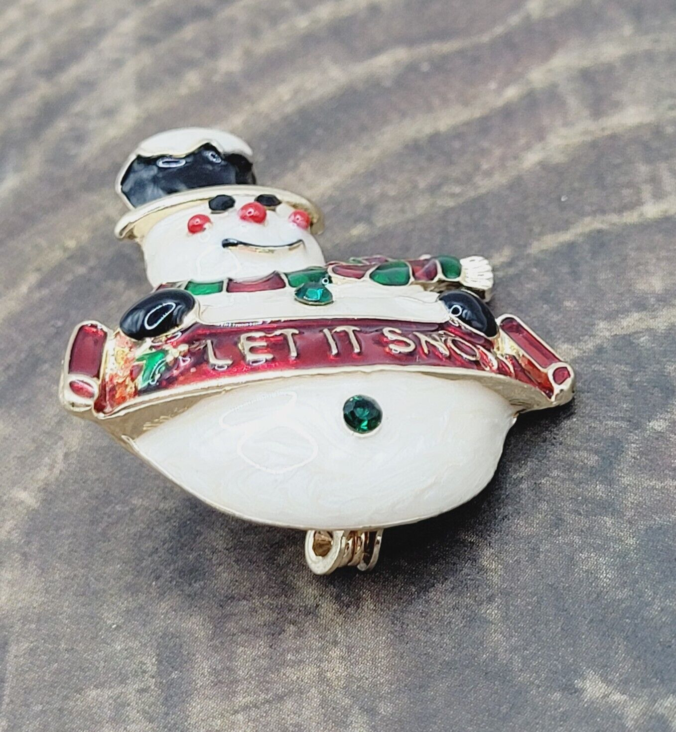 LET IT SNOW Metal and Enamel Snowman with Top Hat Scarf Gold Tone Brooch Pin