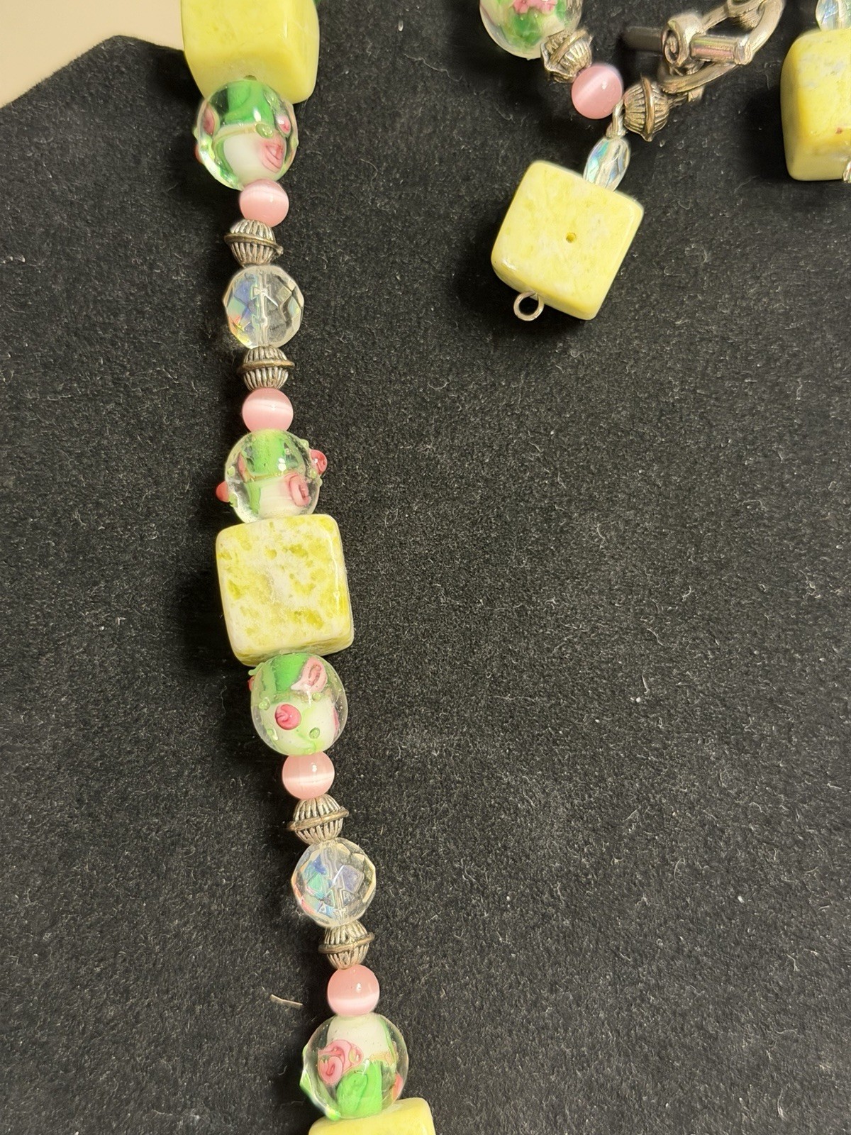 Artisan Lampwork Glass Necklace Bracelet Set Green Stone AB Crystal Floral