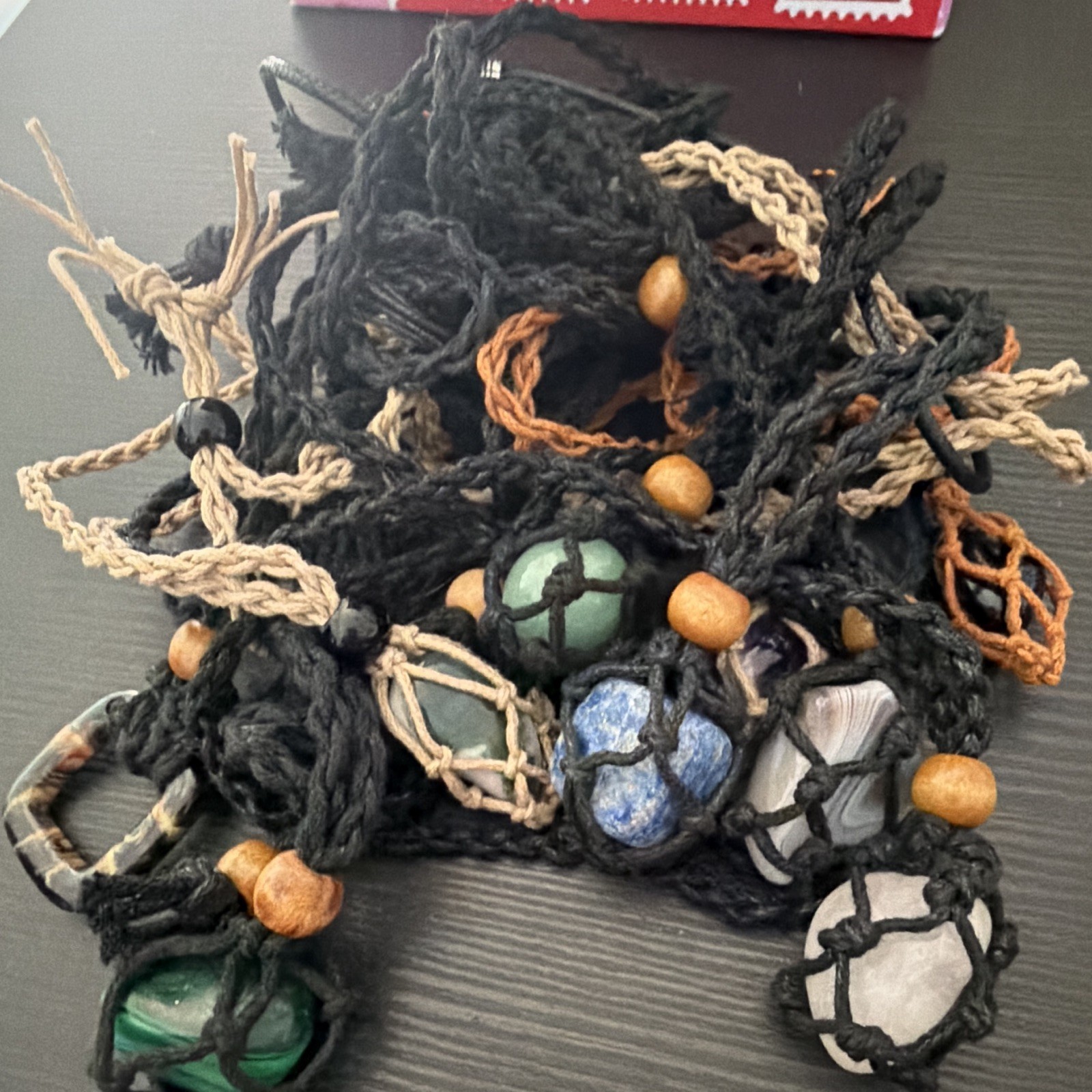 Mixed Lot Unisex Cord Necklaces w/ Stone Pendants, Black Brown Green Blue White