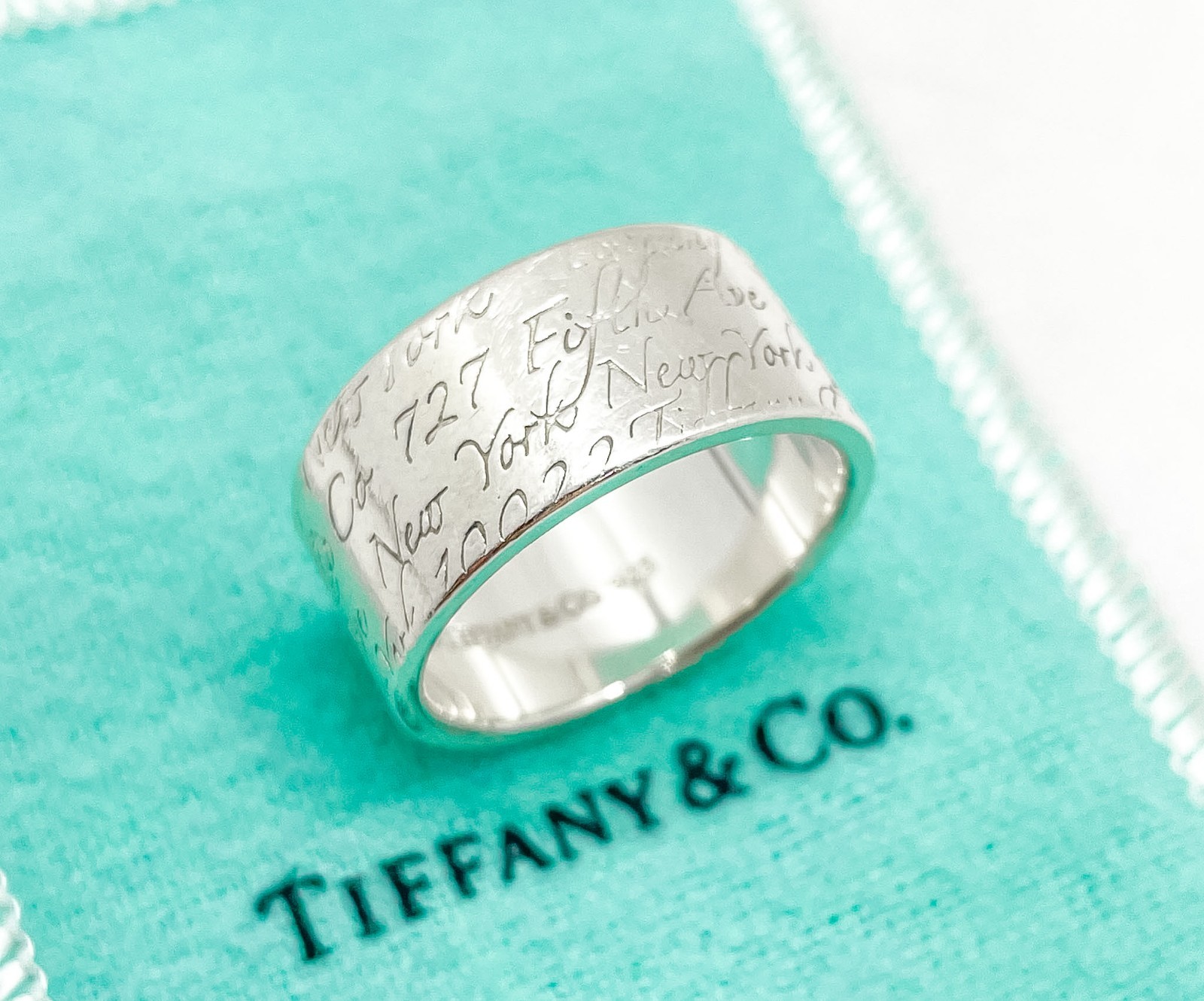 Tiffany & Co. Notes Script Fifth Avenue New York Wide Band Ring Silver Size 8.75
