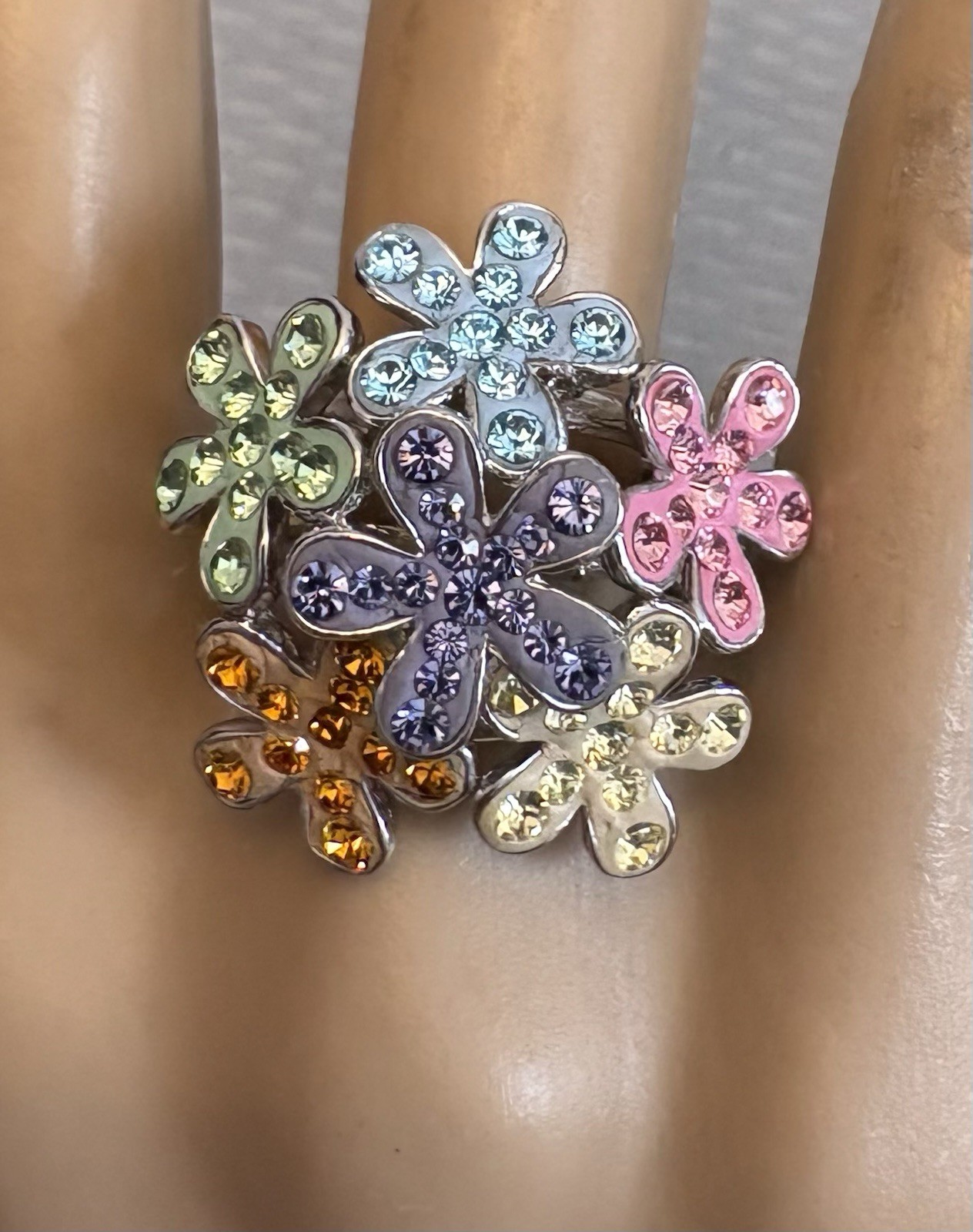 Dramatic Sterling Silver Multi Color Gem Enamel Flower Bouquet Ring 925 size 9.5