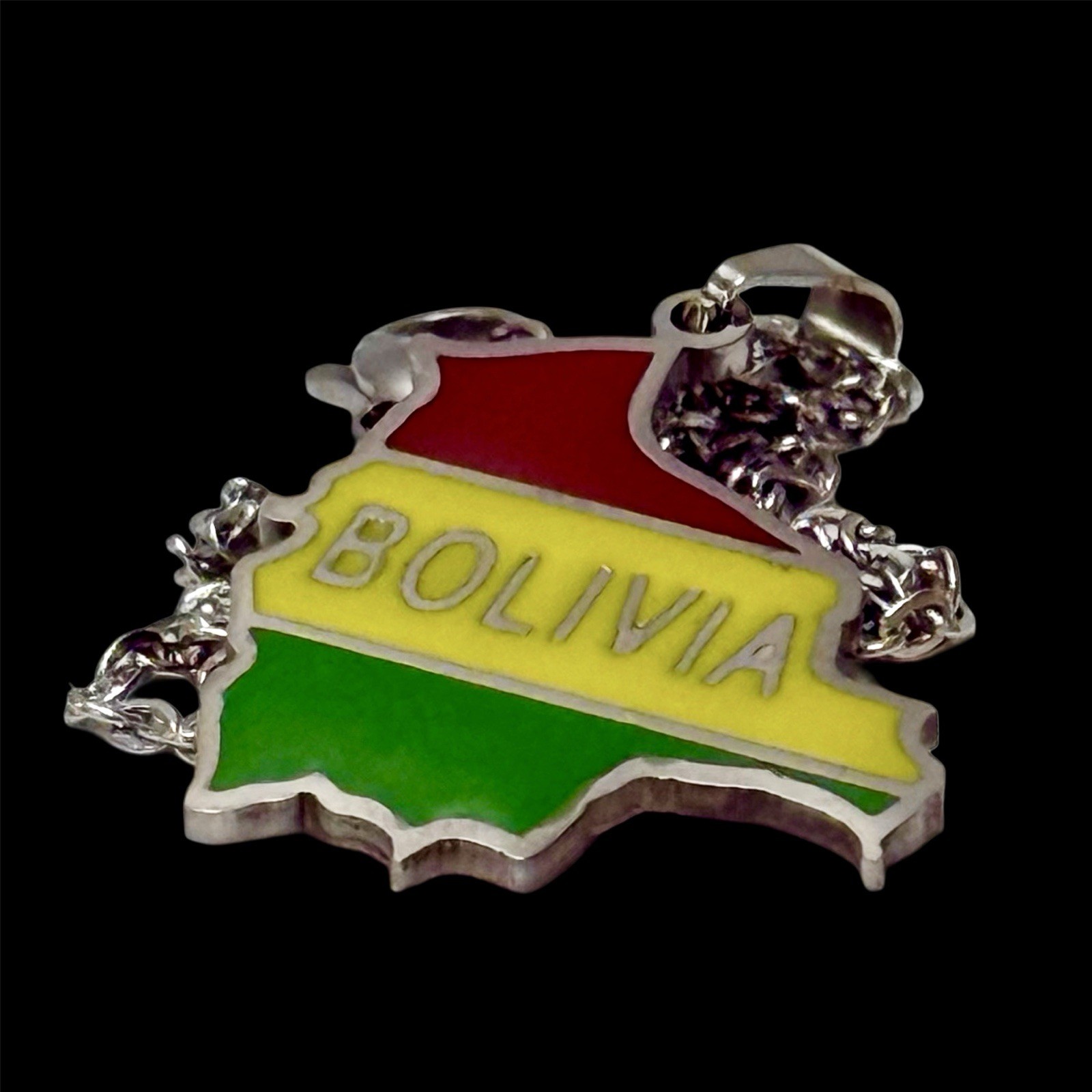 Bolivia Map Pendant Necklace & Flag Pin Set Red Yellow Green Gift Souvenir