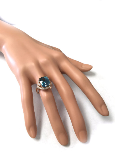 6.80 Carat Natural London Blue Topaz and Diamonds in 14K Solid Rose Gold Ring