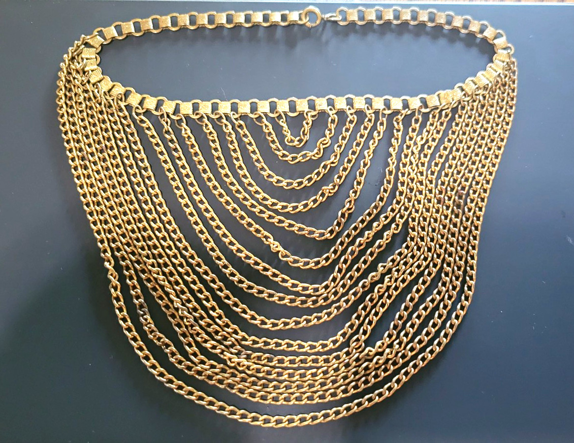 Gold Tone Multi-Strand Curb Chain Statement Necklace, Metal, Spring Ring Clasp