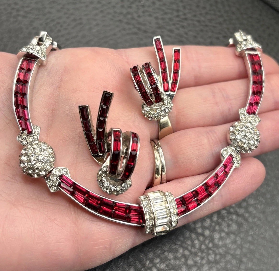 Vintage Boucher 3227 Red Baguette Rhinestone Necklace Clip On Earring Set