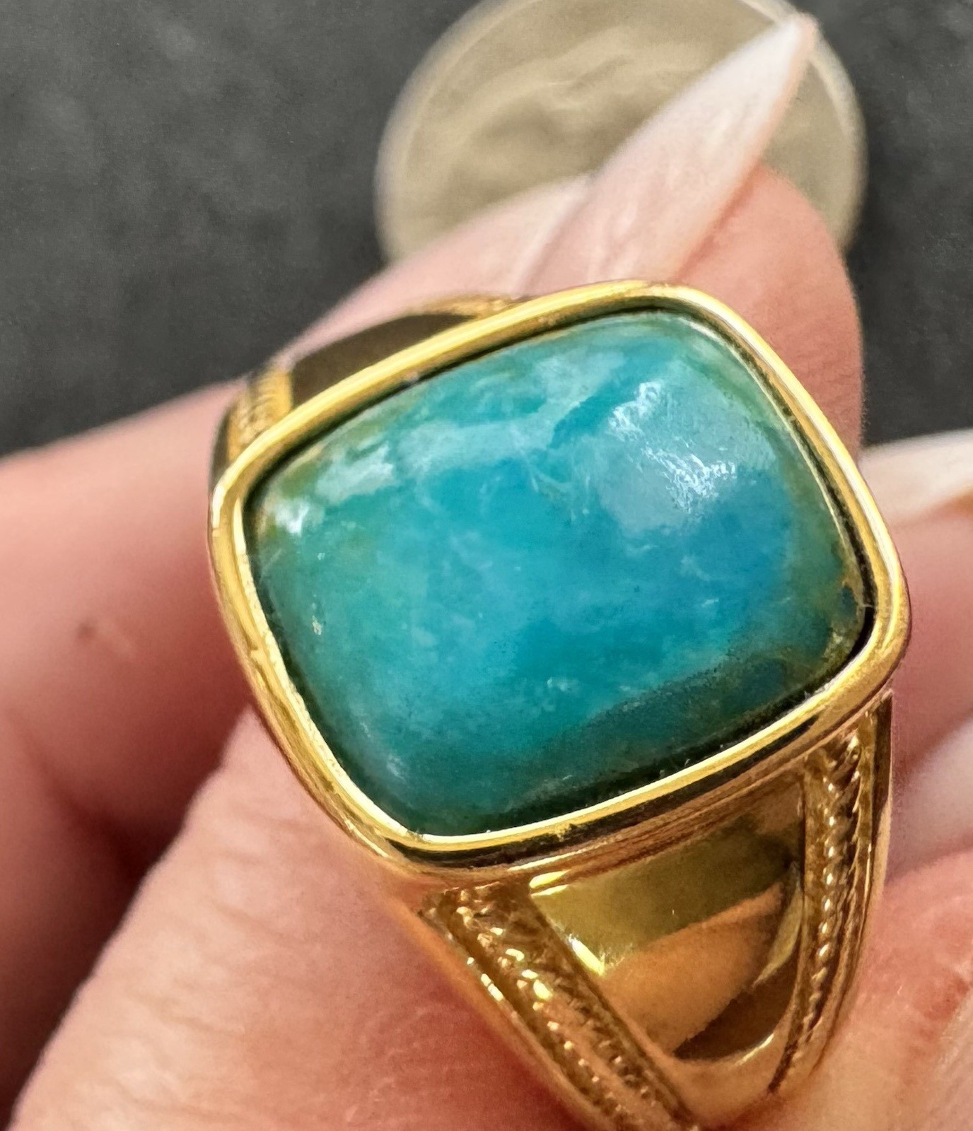 D’Joy Gold Toned over 925 Ring Size 10.5 Blue Cushion Turquoise Bezel