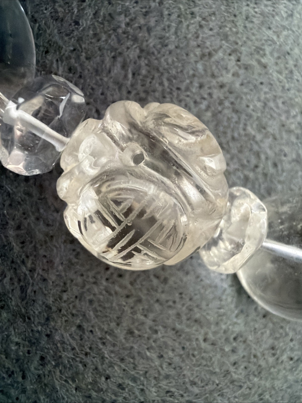 Handcrafted Necklace of Rock Crystal Quartz Beads with Chinese Long Life Symbols