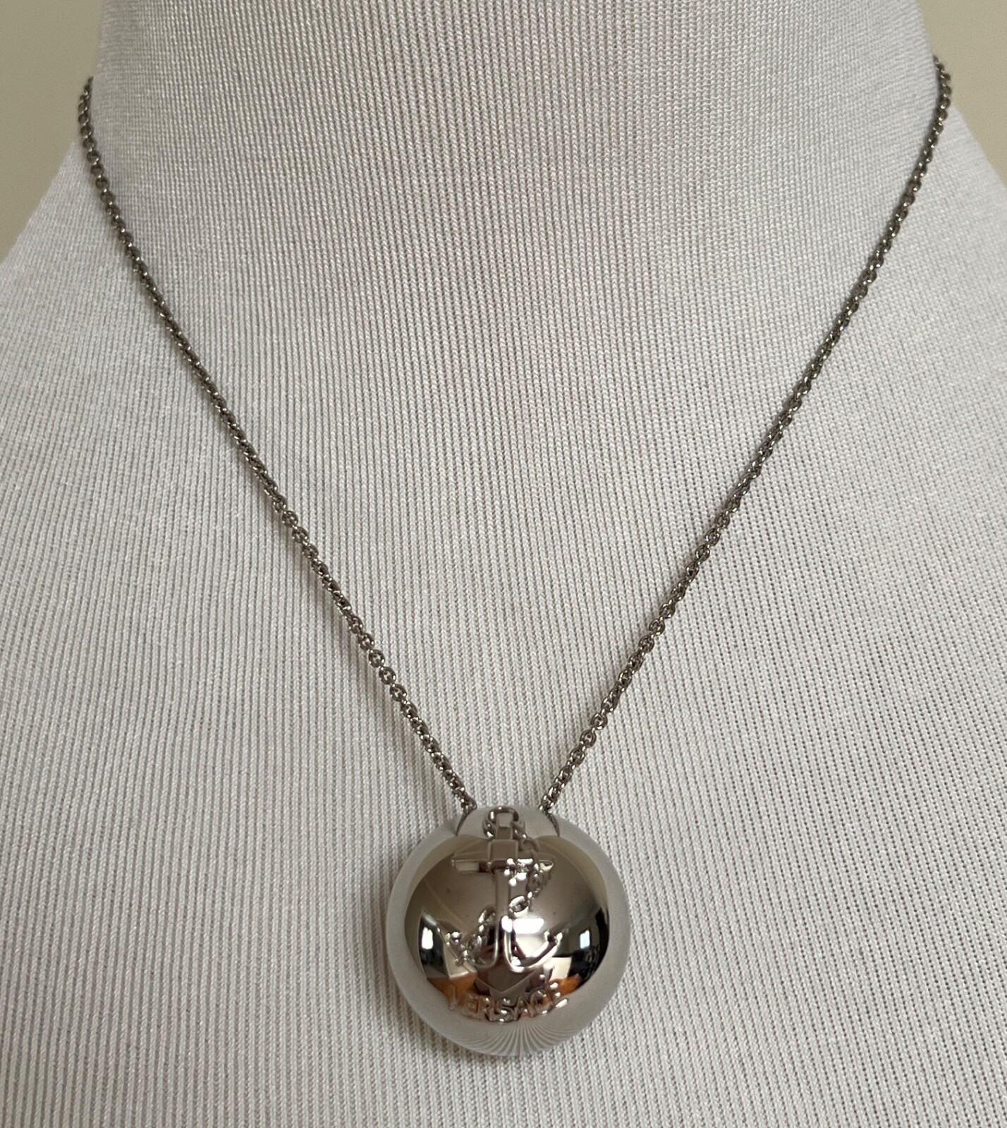 NIB Versace Nautical Anchor Logo Large Silver Sphere Round Pendant Necklace $975