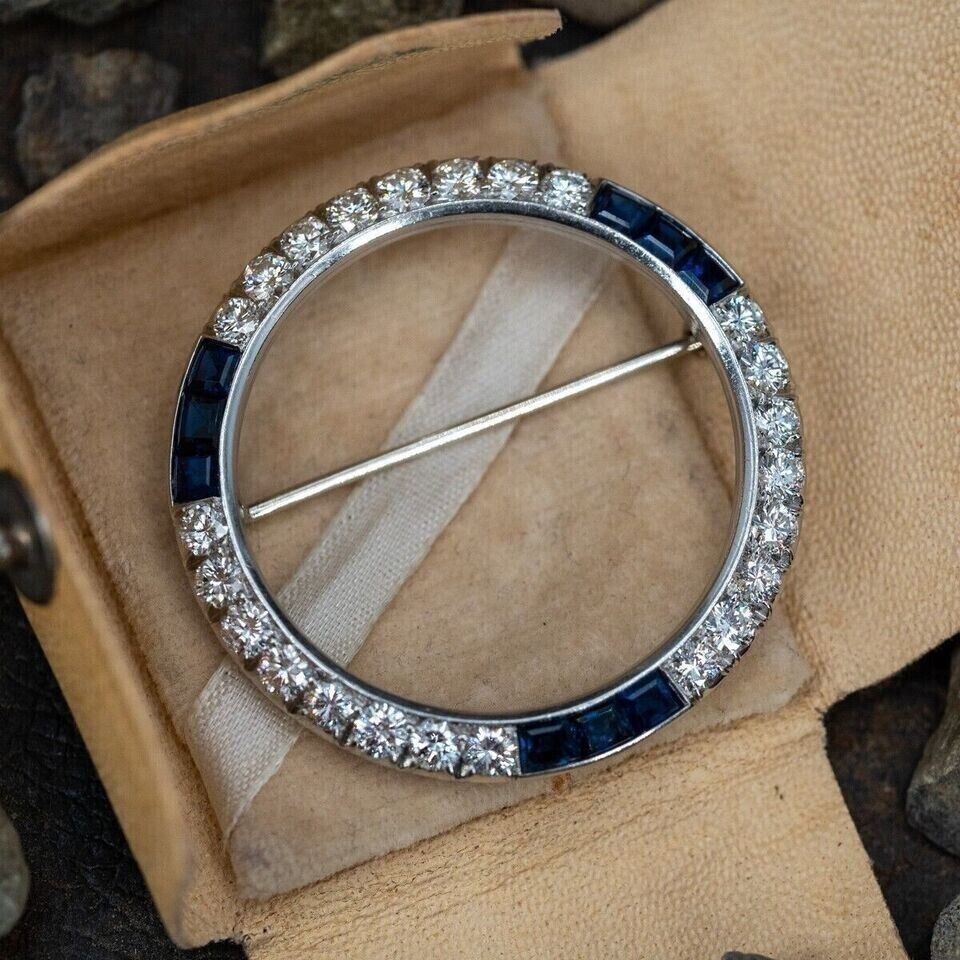 Round Cut Lab Created Blue Sapphire Men’s Wedding Brooch 14K White Gold Plated