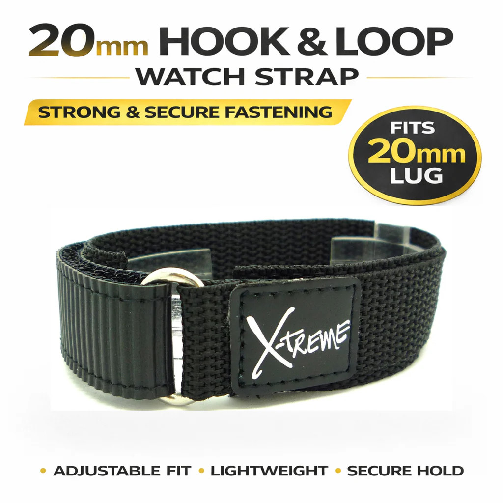 X-Treme 20mm Black Tough Secure Hook & Loop Nylon Watch Band Strap Gents Men’s w
