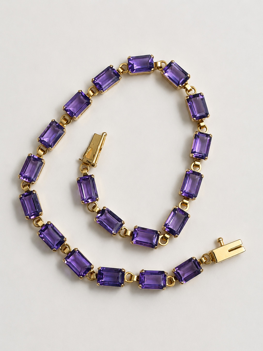 10K YELLOW GOLD AMETHYST TENNIS BRACELET 7.5 INCH LONG