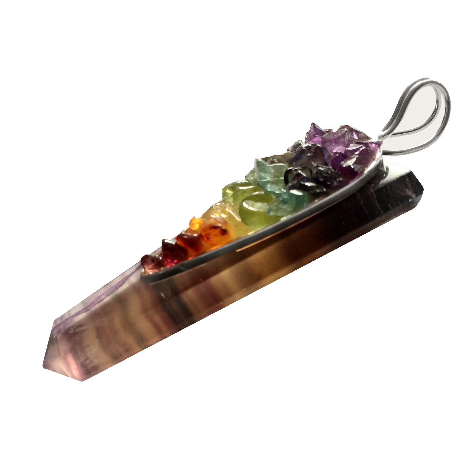 Rainbow FLUORITE Crystal 7 Chakra Pendant CHARGED Sterling Silver Necklace Reiki