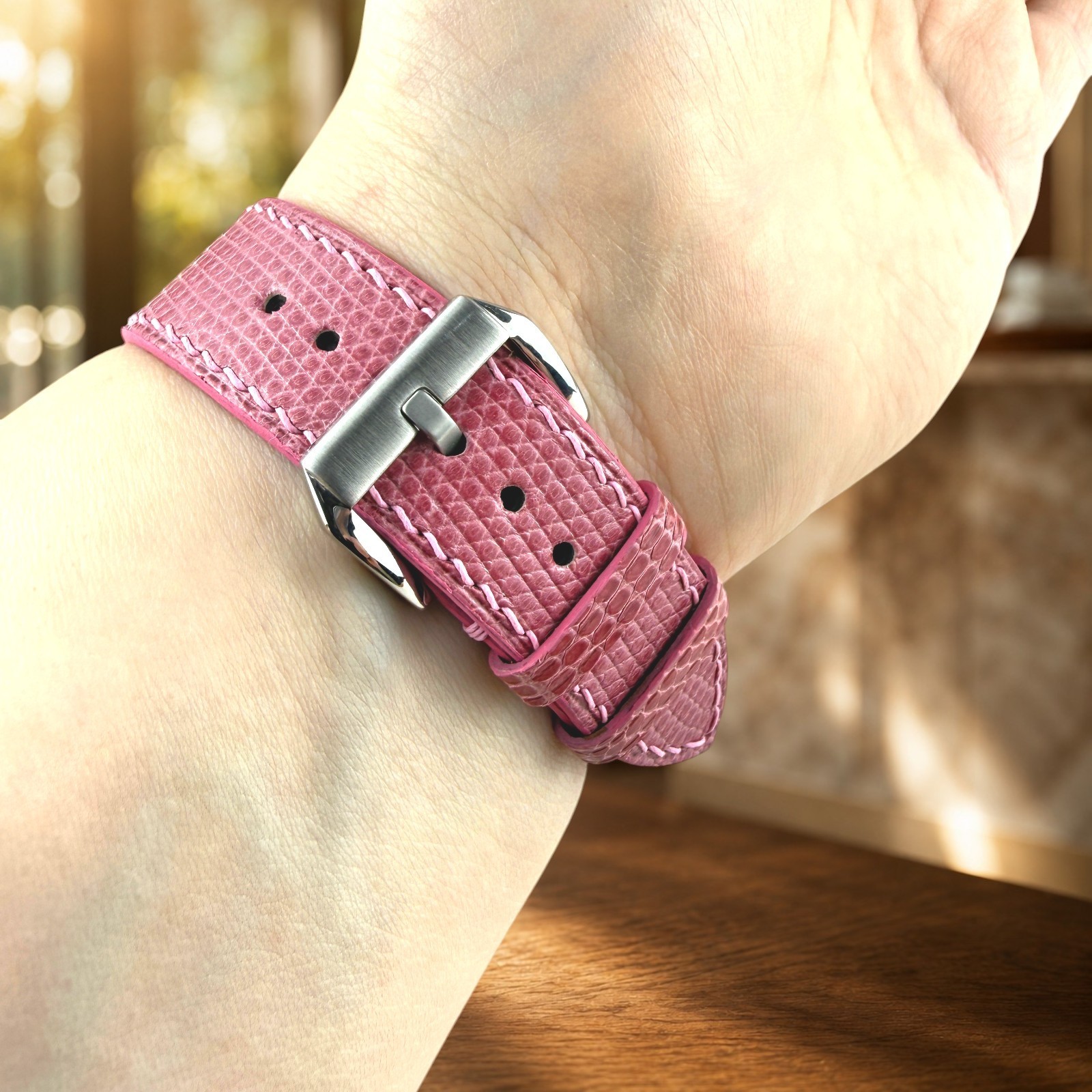 Genuine Lizard Leather Watch Band Strap 20mm Pink Handmade 316L Buckle