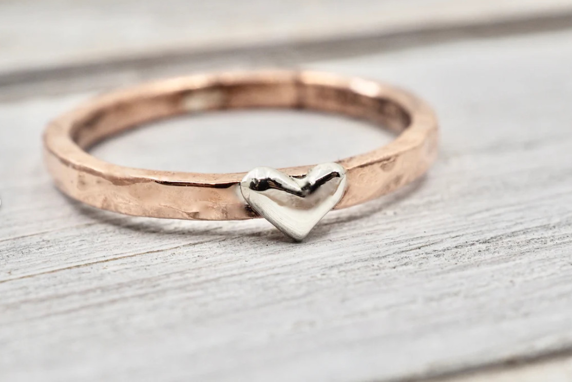 Copper Ring With Silver Heart Handmade Copper Jewelry Minimalist Ring For Girls