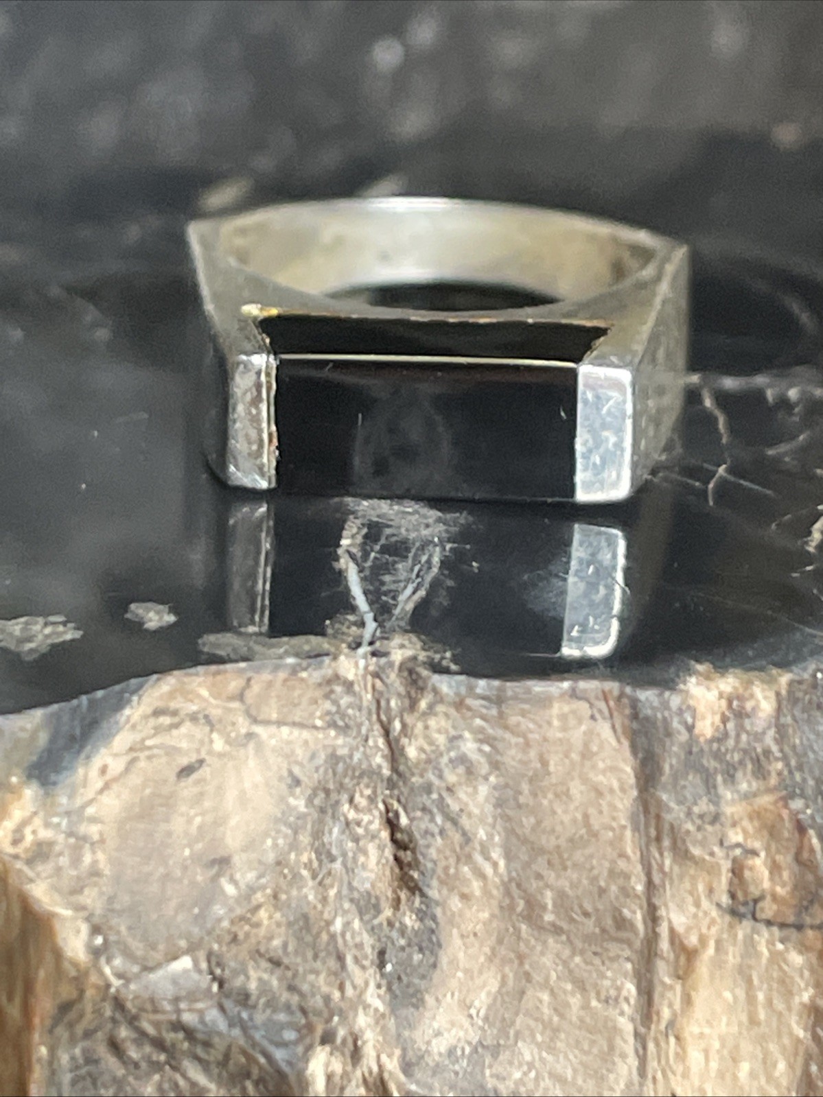 Vintage Sterling Silver Black Onyx Inlay Flat Top Ring Size 5.25