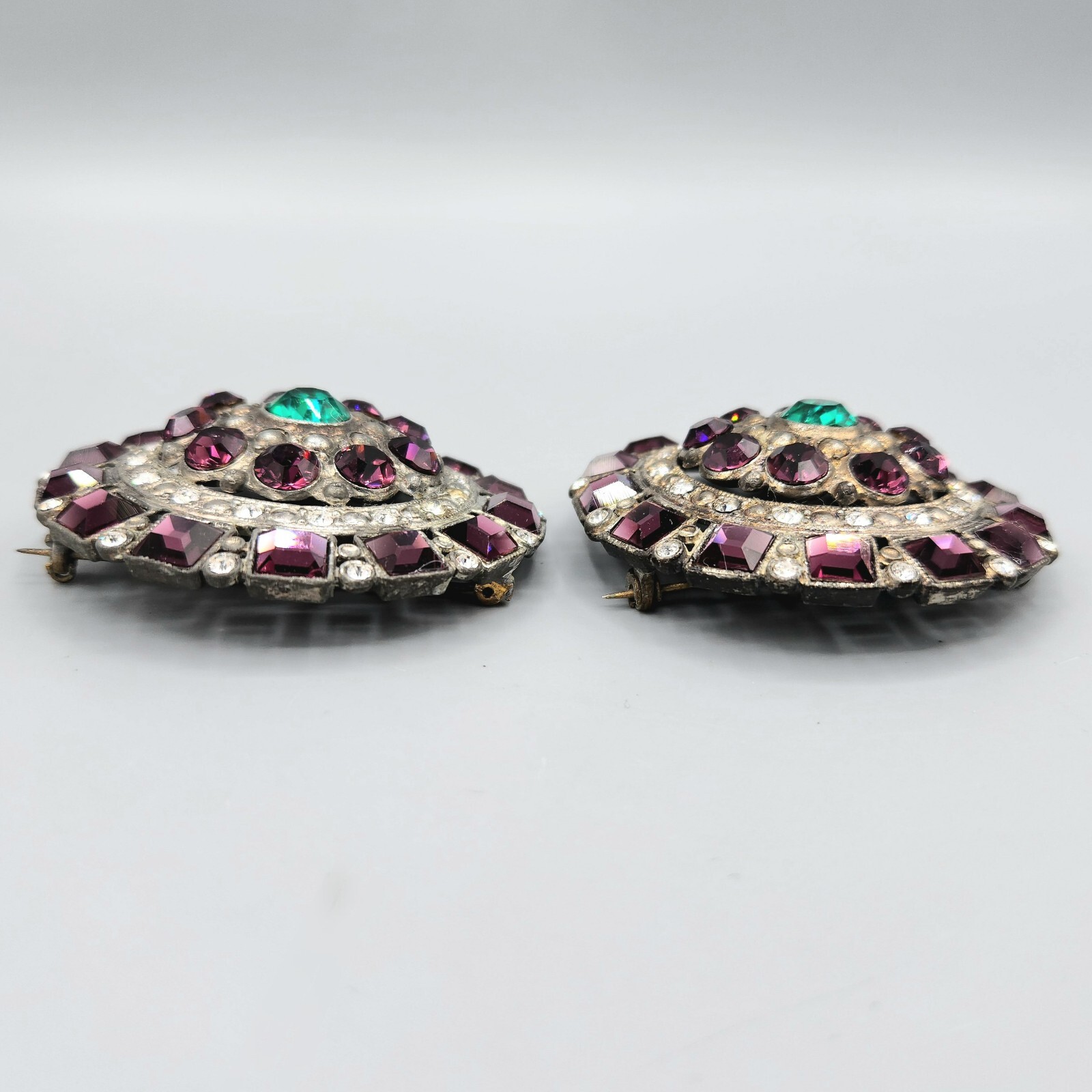 1930s Pair Purple Green Rhinestone Pot Metal Large Round Brooches Coat Pins