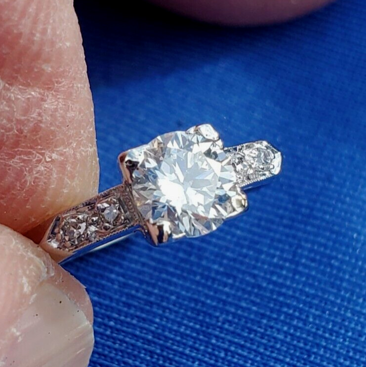 Original EARTH MINED DIAMOND Deco Engagement Ring Vintage PLATINUM Solitaire S 5