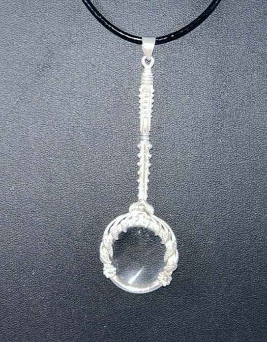 Silver-tone Pretty Floral Design 3″ Magnifying Glass Pendent On Cord 26″