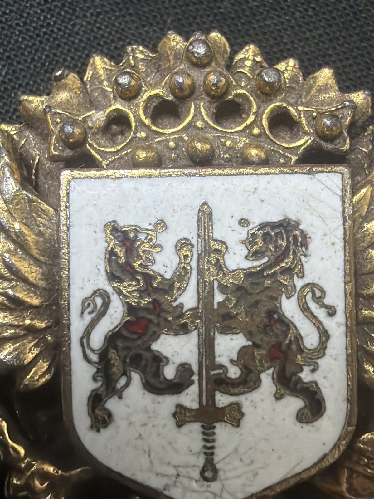Vintage Heraldic Coat of Arms Standing Red Lions Laurels Fleur De Lis Brooch Pin