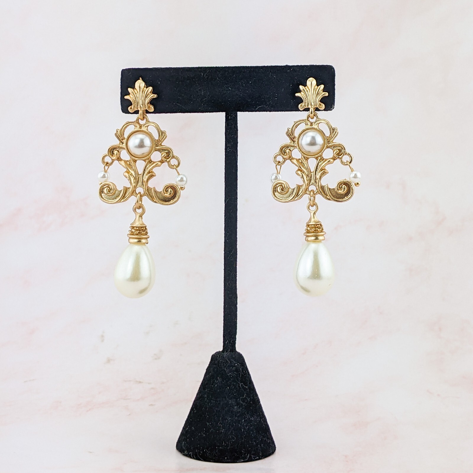 f38d Elegant Gold & faux Pearl Dangle Drop Earrings Bold Jewelry Fashion Gift