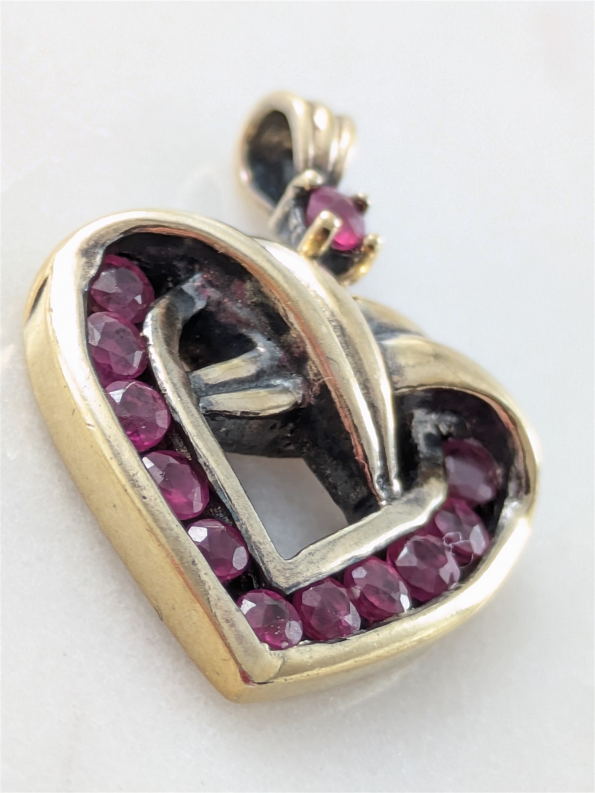 Vintage Solid Sterling Silver Gold Color Heart Pendant Red Gemstones 3 Grams