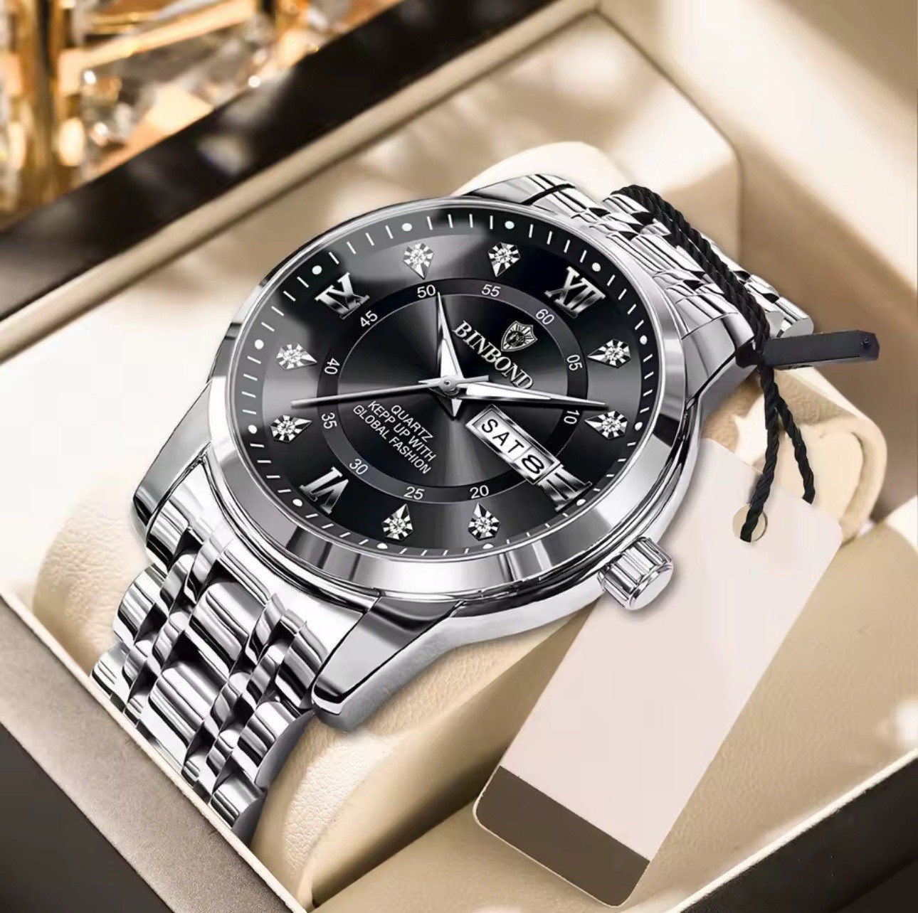 BINBOND Men’s Quartz Dress Watch Multi Dial Day/Date Stainless Steel Roman