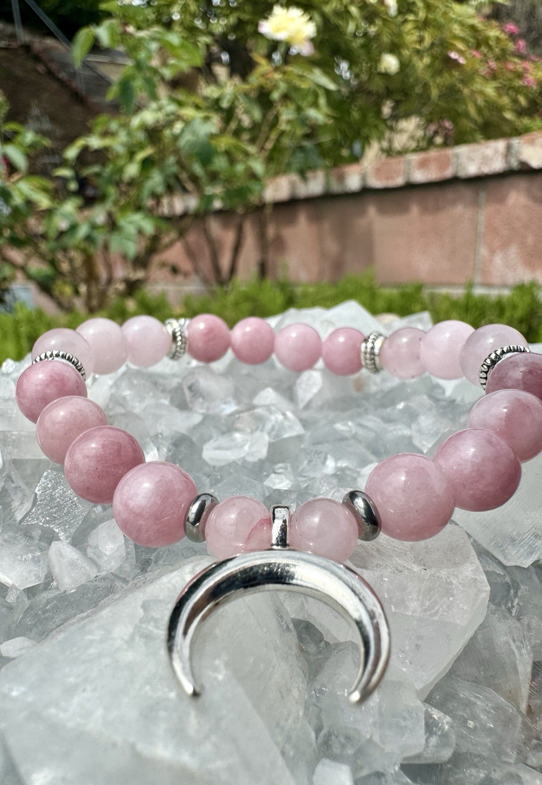 High Quality Kunzite And Rose Quartz Bracelet With Silver Plated Crescent Moon