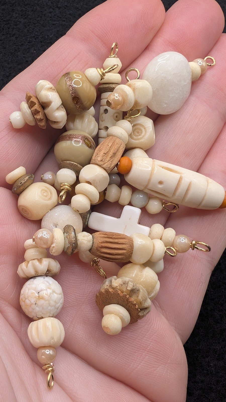 Carved Ivory Wood Mixed Beaded Charm Boho Bag: DIY Projects Craft 🤍🤎