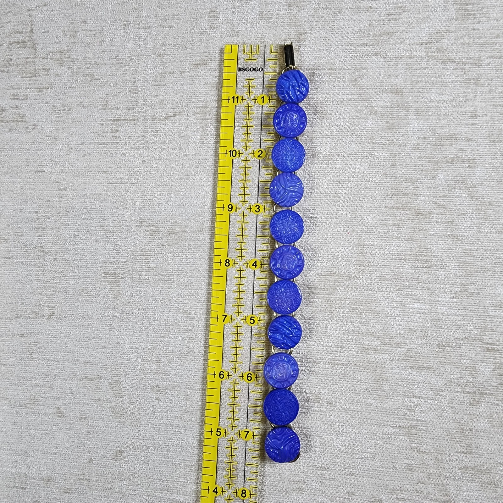Vintage Button Blue Glass Detailed Image Embossed Bracelet Brass Links 7.5″