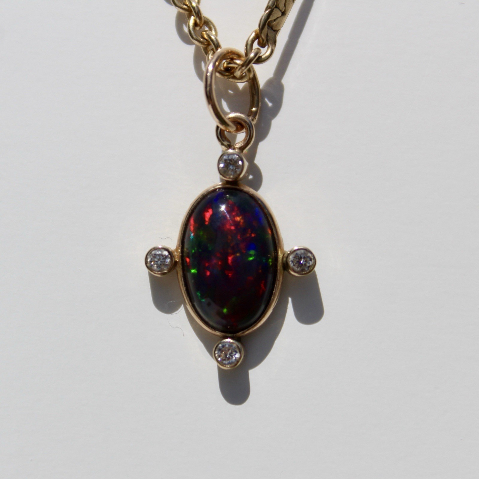 Black Opal Cabochon & Diamond Pendant, 2.12 Carats 14K Gold