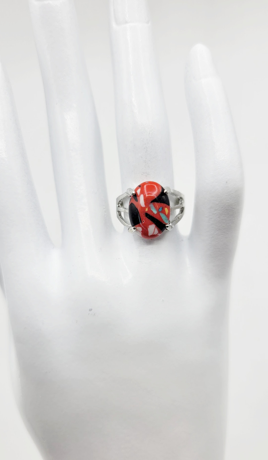 Women’s Silver Tone Oval Simulated Stone Red Black White Blue Yellow Ring Size 5