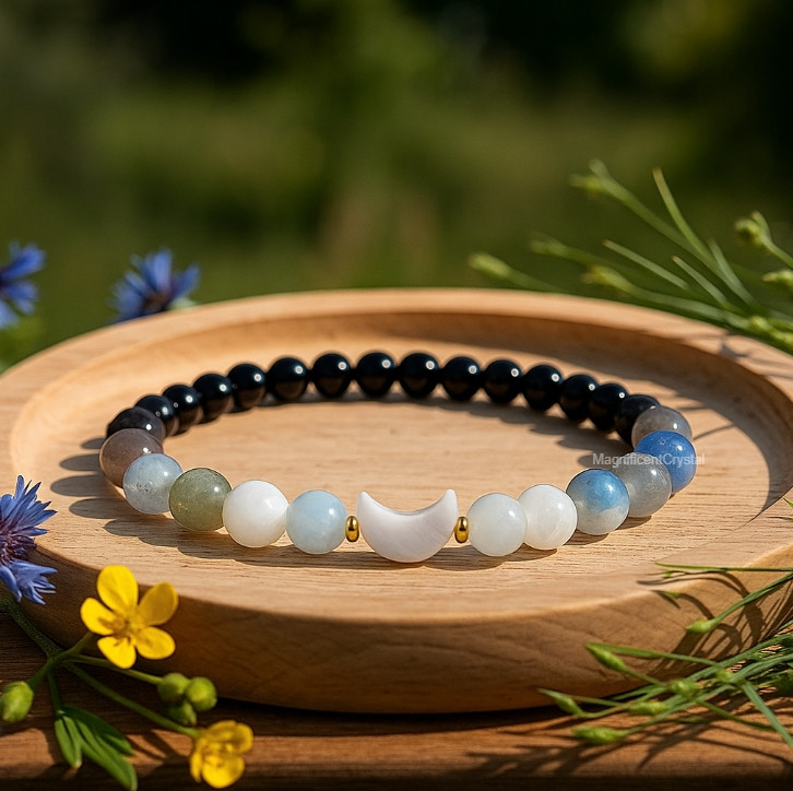 Pearl Moonstone Labradorite Bracelet Moon Phase Charm Crystal Healing Jewelry