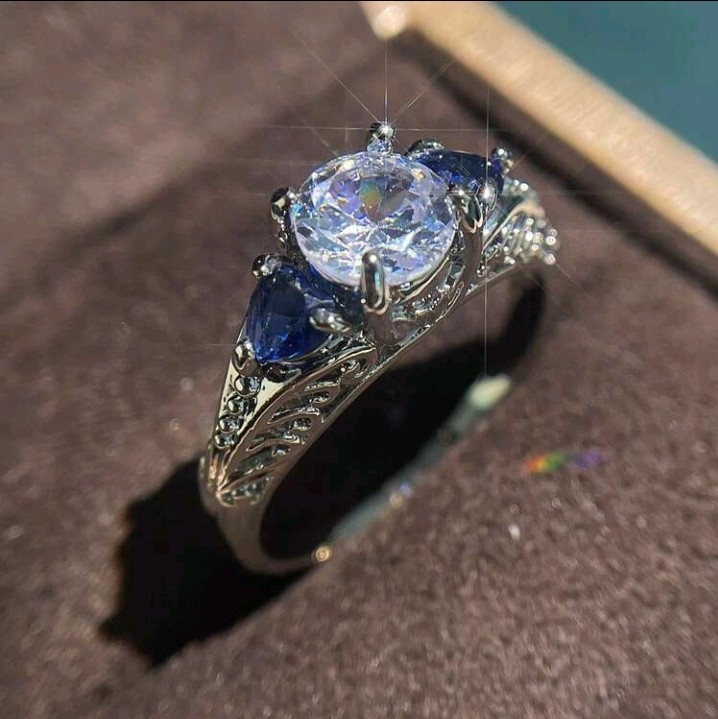 Silver Plated Zinc Round White/Colorless & 2 Blue Cubic Zirconia Ring Size 5