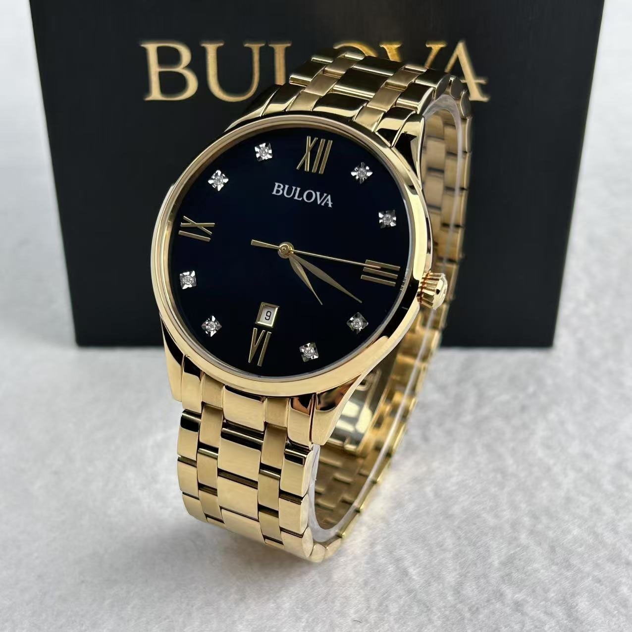 Bulova 97D108 Diamond Black Dial Gold Bracelet Classic Men’s Quartz Watch 40mm