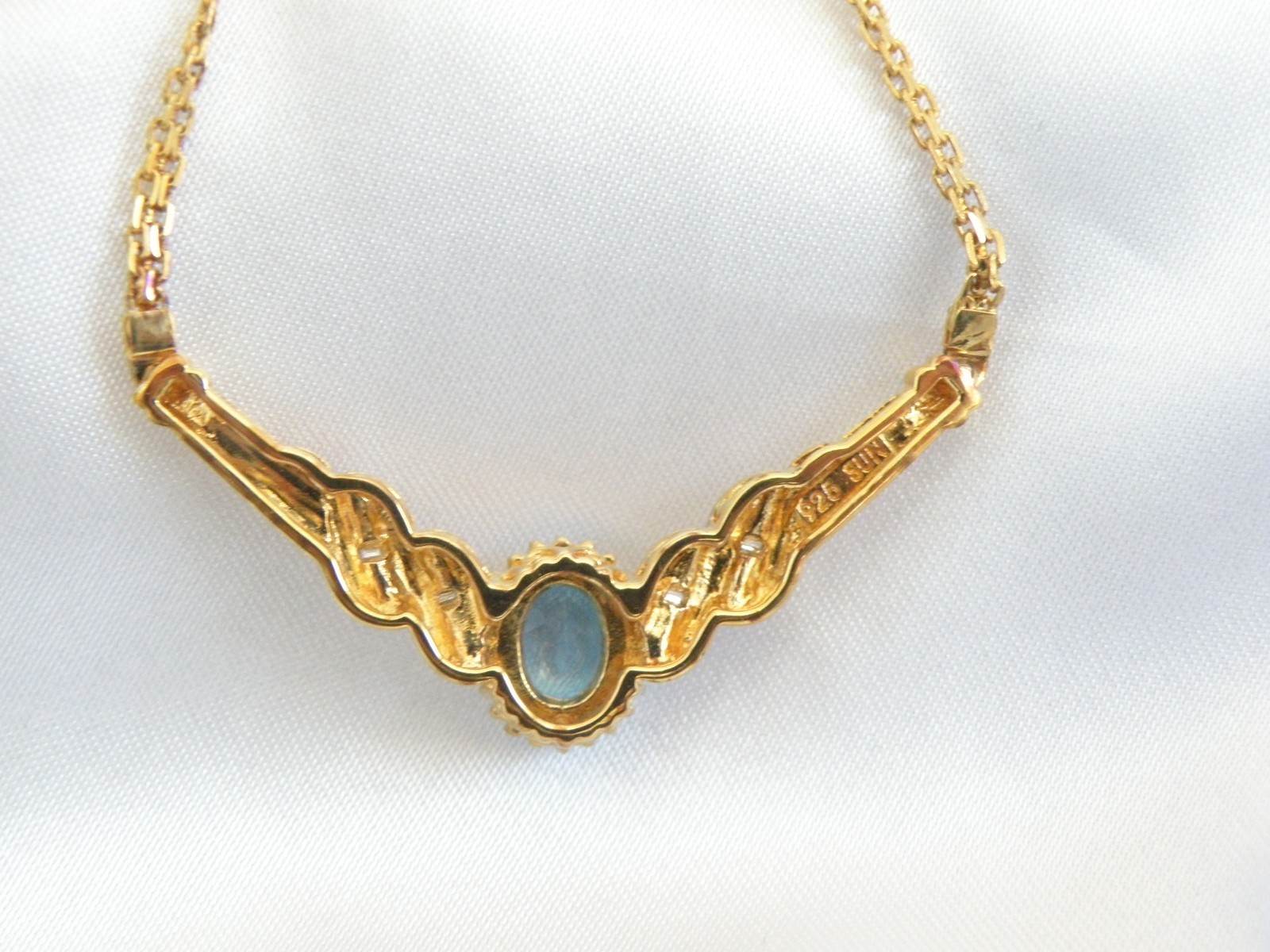 14K Gold on Sterling Silver 925 Natural Heated Blue Topaz Diamond Necklace 18″
