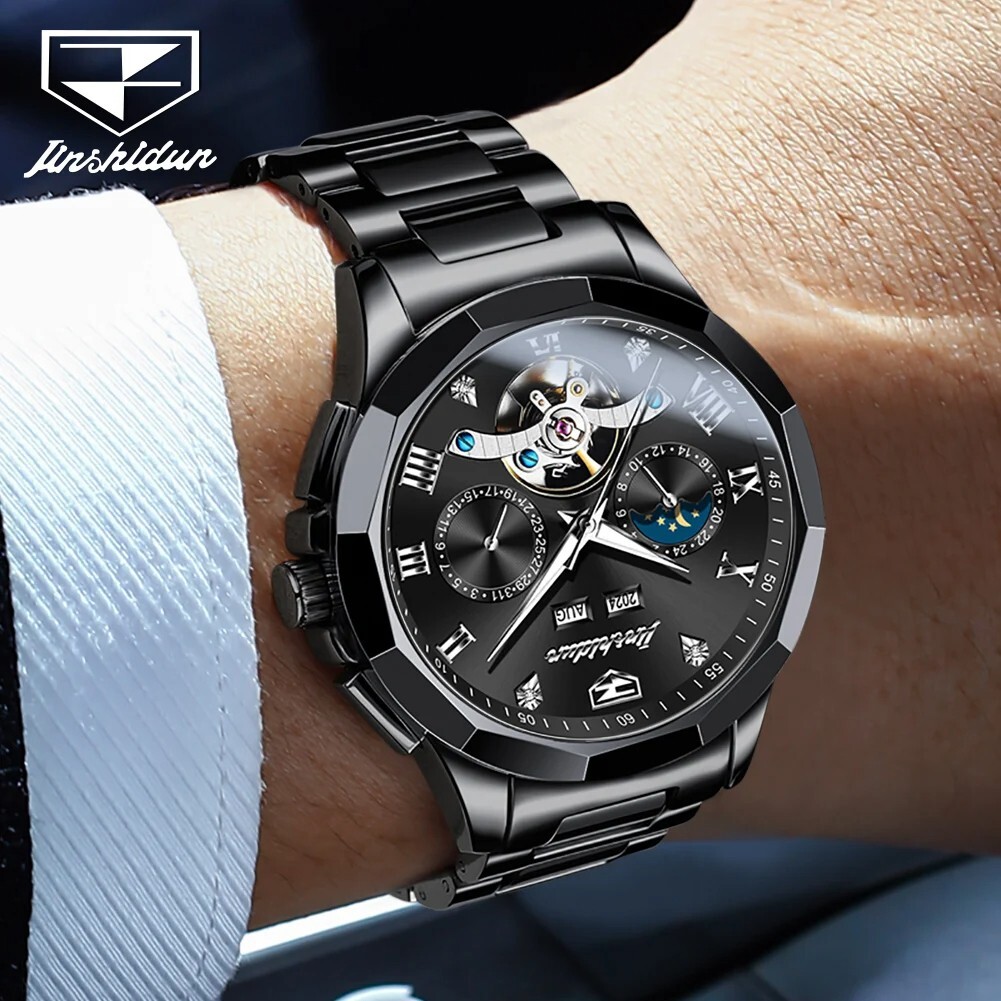 Automatic Mechanical Waterproof Watch Moon Phase Luxury Skeleton Men Men’s Strap