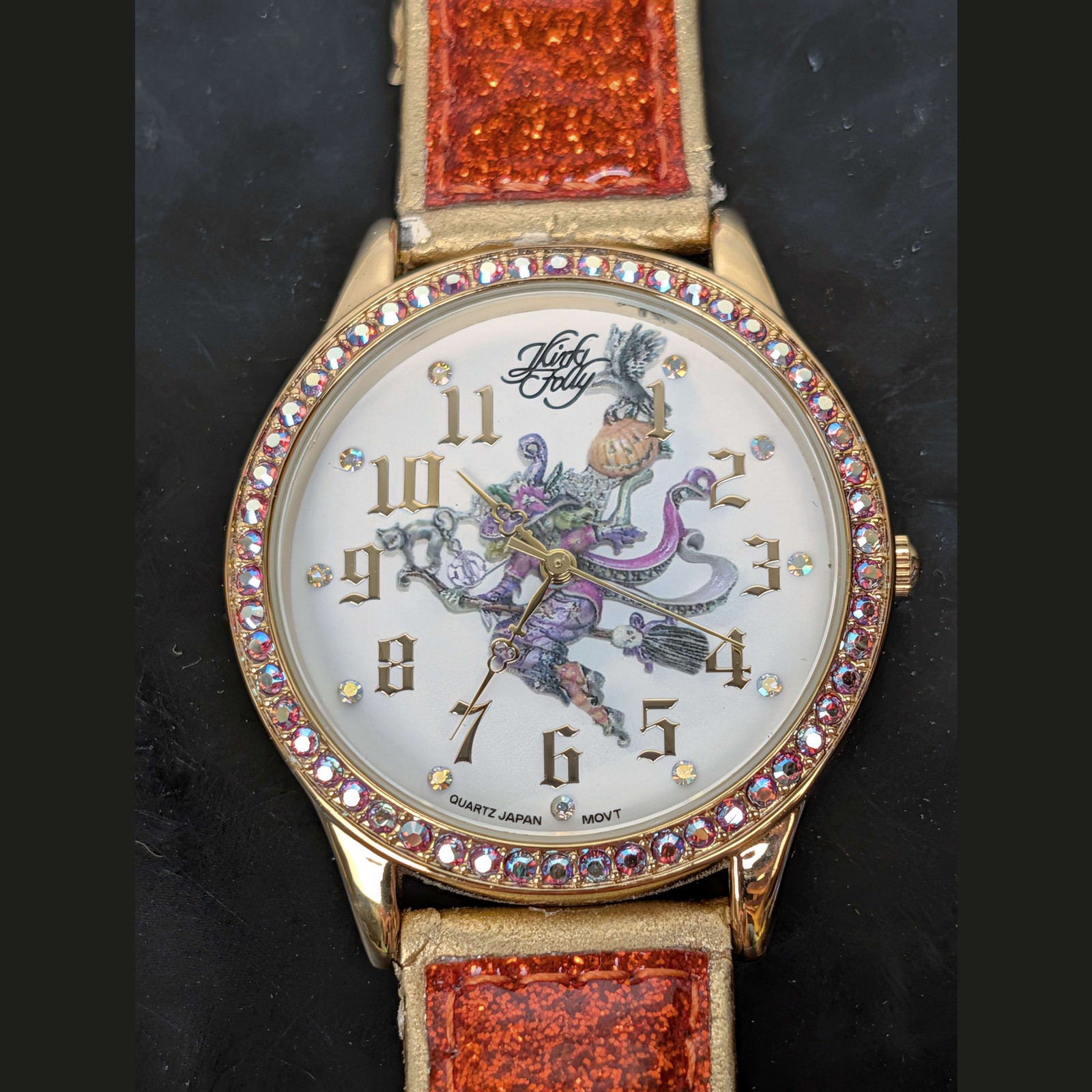 Kirks Folly Divine Diva Watch K4873 Halloween Witch Pumpkin Glitter Rhinestone