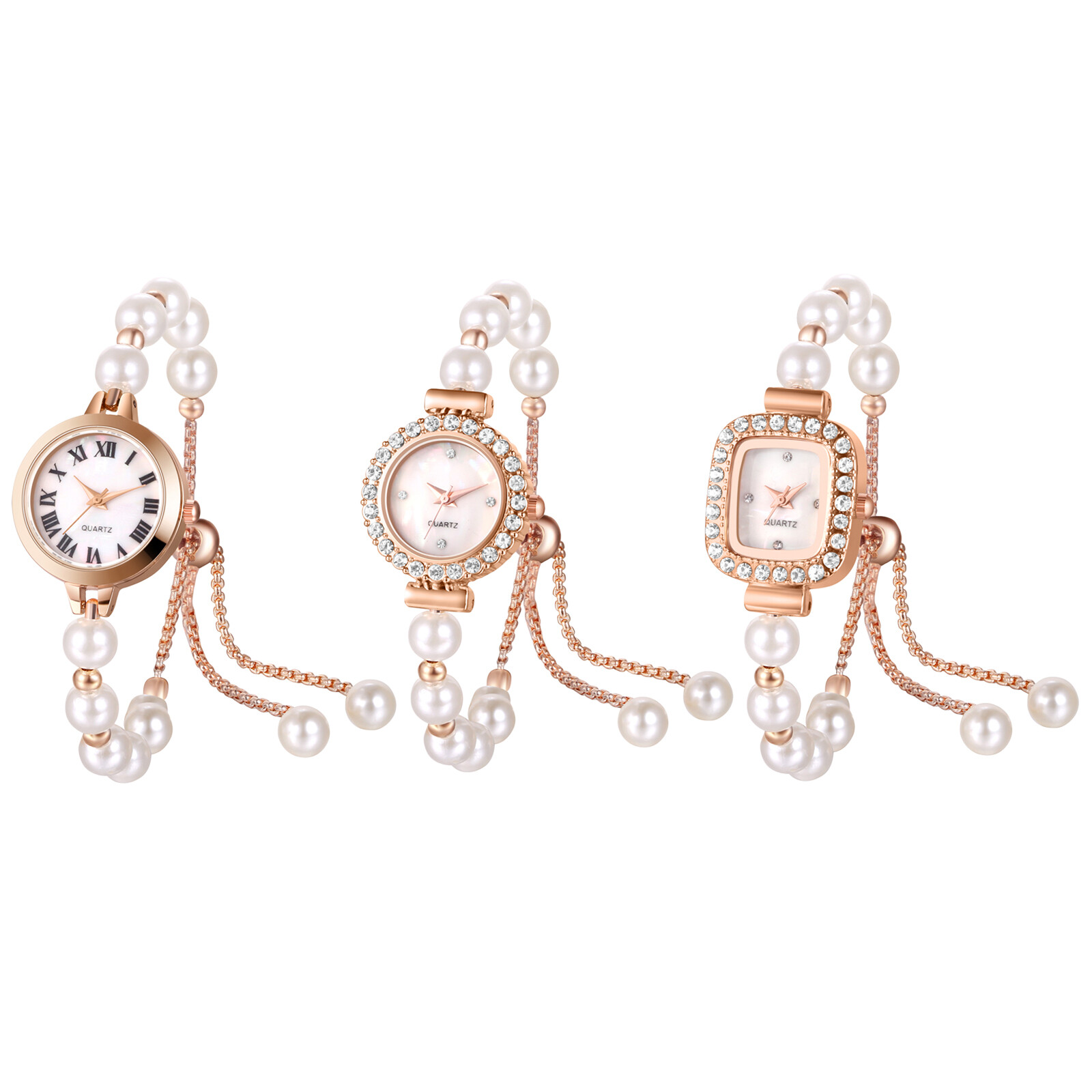 Womens Artificial Pearl Rhinestone Quartz Wrist Watch Adjustable Slider Bracelet