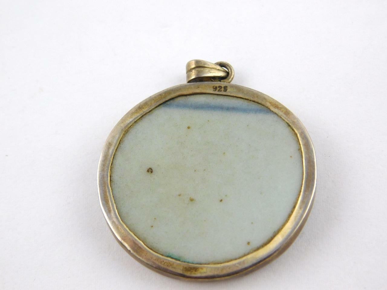 Vintage Sterling Silver Blue and White Floral Porcelain Pendant 925