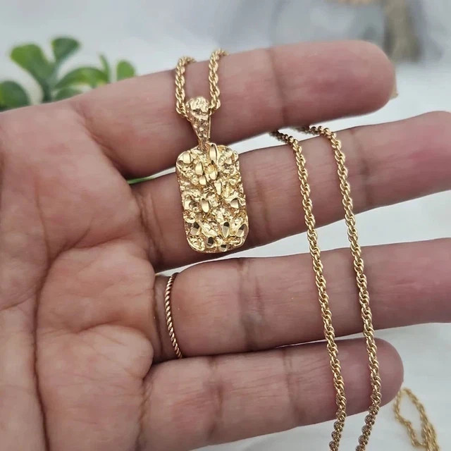 Men’s 14K Yellow Gold Plated Nugget Small Dog Tag Pendant 24″ Chain Necklace