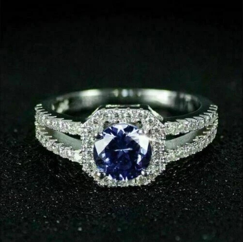 2Ct Round Cut Lab-Created Blue Sapphire 14K White Gold Plated Wedding Halo Ring