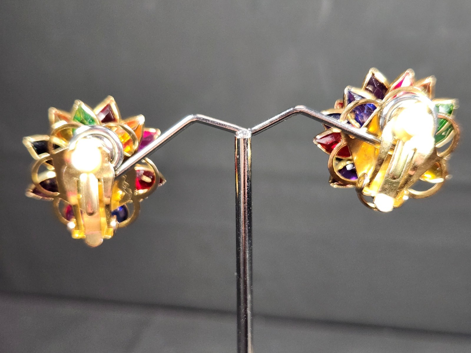 Vintage reverse set navette multicolor rhinestone flower clip on earrings