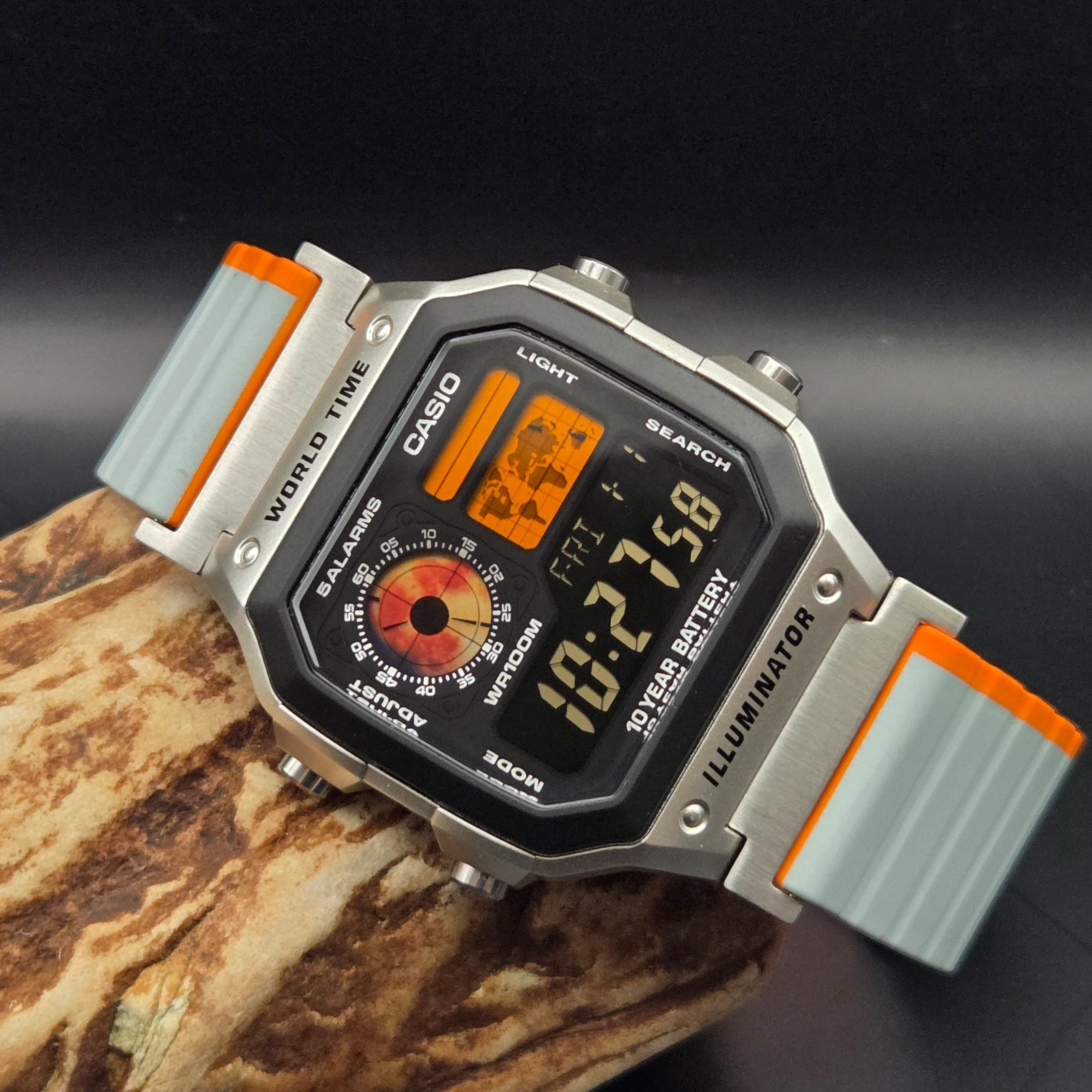 CASIO AE-1200WHD. Royale World Time Watch Mod. Blood moon, Orange, Hydromod.