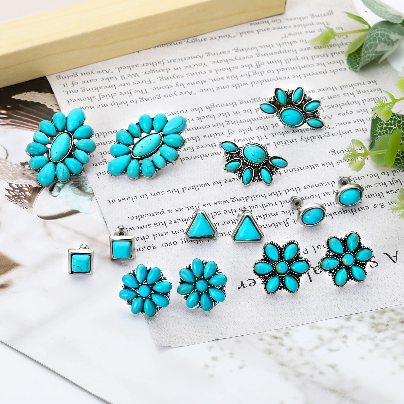 NEWITIN 14 Pairs Turquoise Stud Earrings for Women Classic
