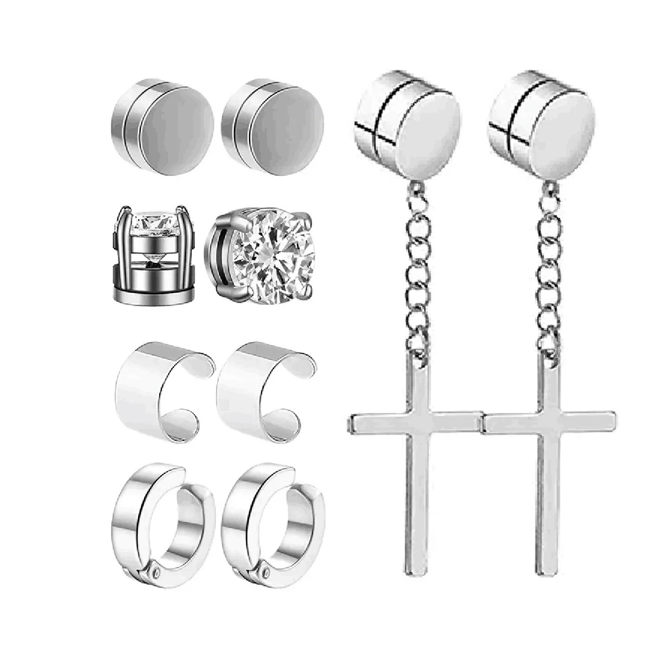 10 Pairs Magnetic Earrings Round Zircon Leaf Design Steel No Piercing Men